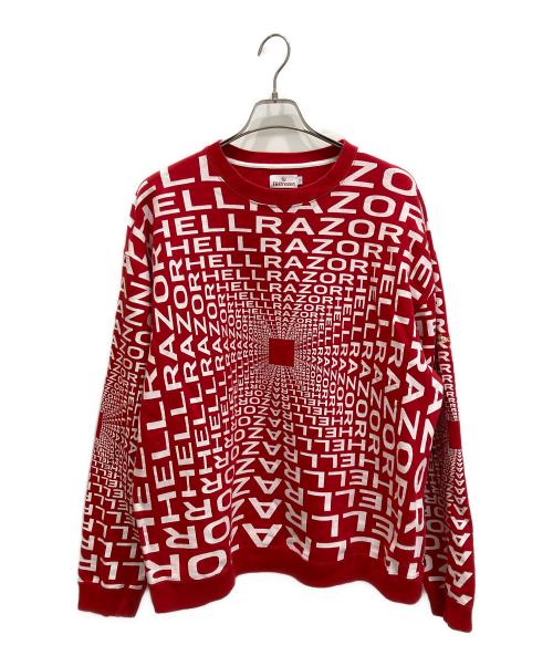 HELLRAZOR（ヘルレイザー）HELLRAZOR (ヘルレイザー) down north camp (ダウンノースキャンプ) GRAVITATE CREW NECK 裏起毛クルーネックスウェット レッド×ホワイト サイズ:XLの古着・服飾アイテム
