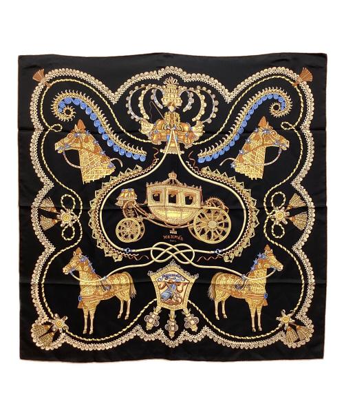 HERMES（エルメス）HERMES (エルメス) パプロール カレ90 シルクスカーフ ブラック×イエローの古着・服飾アイテム