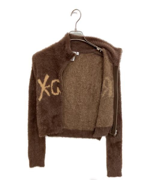 X-GIRL（エックスガール）X-girl (エックスガール) LOGO JACQUARD ZIP UP SHAGGY KNIT TOP ニットジャケット ブラウン サイズ:Sの古着・服飾アイテム