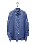 hue DAY TO EVENINGヒュー デイ トゥ イブニング）の古着「RUFFLE SLEEVE PEARL SHIRTS」｜ブルー