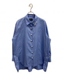 hue DAY TO EVENING（ヒュー デイ トゥ イブニング）の古着「RUFFLE SLEEVE PEARL SHIRTS」｜ブルー