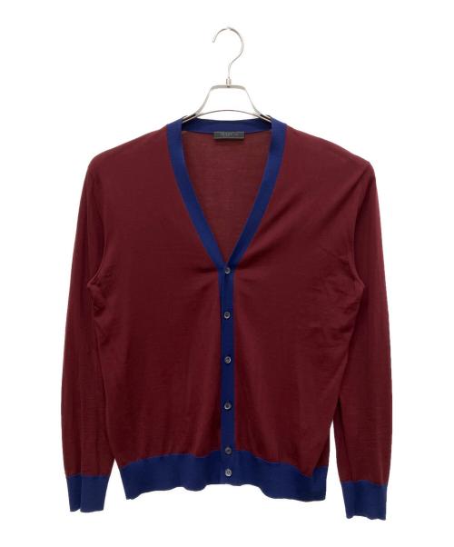 PRADA（プラダ）PRADA (プラダ) ウールバイカラーカーディガン ボルドー×ブルー サイズ:50の古着・服飾アイテム