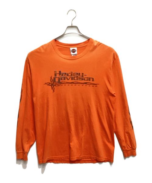 HARLEY-DAVIDSON（ハーレーダビッドソン）HARLEY-DAVIDSON (ハーレーダビッドソン) 袖フレイム両面プリントカットソー オレンジ サイズ:Lの古着・服飾アイテム