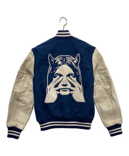 Hysteric Glamour（ヒステリックグラマー）Hysteric Glamour (ヒステリックグラマー) SEE NO EVIL刺繍 ヴァーシティジャケット ブルー×ベージュ サイズ:Mの古着・服飾アイテム
