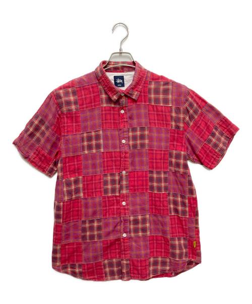 stussy（ステューシー）stussy (ステューシー) 半袖パッチワークシャツ レッド サイズ:Mの古着・服飾アイテム