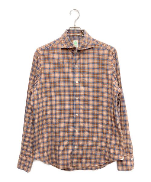 finamore（フィナモレ）finamore (フィナモレ) チェックネルワイドカラーシャツ ブラウン×ブルー サイズ:16/41の古着・服飾アイテム