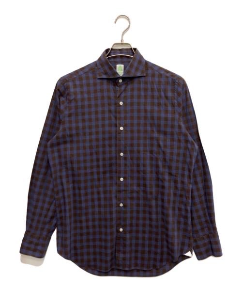 finamore（フィナモレ）finamore (フィナモレ) チェックワイドカラーシャツ ブラウン×ブルー サイズ:16/41の古着・服飾アイテム