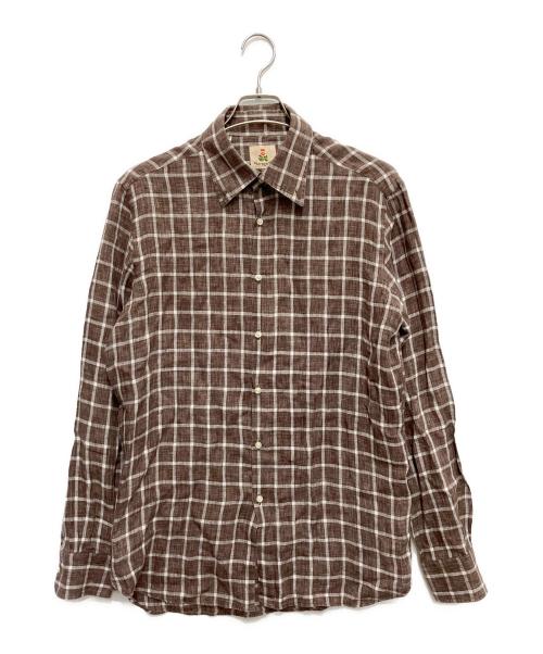 GUY ROVER（ギローバー）GUY ROVER (ギローバー) リネンチェックシャツ ブラウン サイズ: 16/41の古着・服飾アイテム