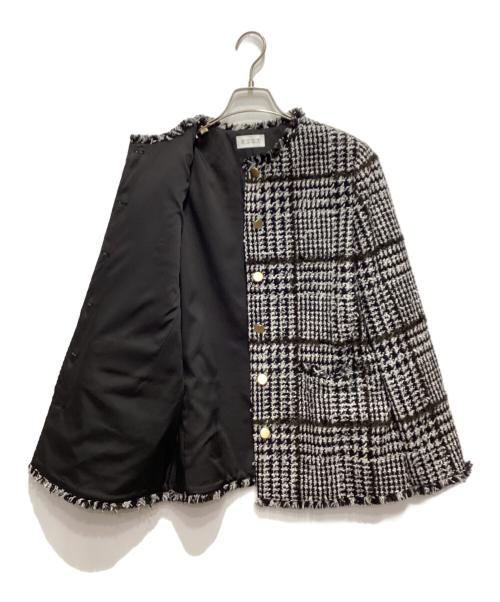 PLST（プラステ）PLST (プラステ) ノーカラーツイードジャケット ホワイト×ブラック サイズ:Lの古着・服飾アイテム