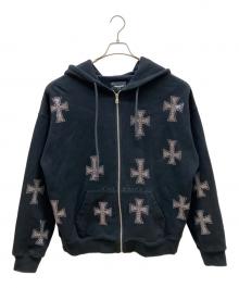 Unknown london（アンノウンロンドン）の古着「Rhinestone Zip Hoodie/ラインストーン ジップ フーディー」｜ブラック