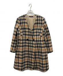 DAKS（ダックス）の古着「 HOUSE CHECK ANNIVERSARY チェックノーカラーダブルコート」｜ブラウン