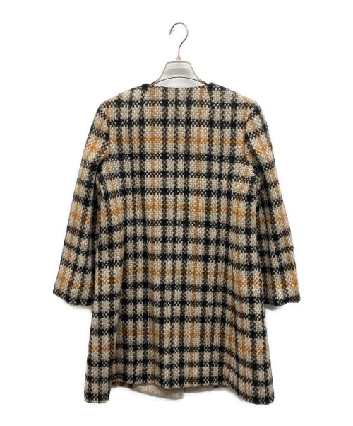 DAKS（ダックス）DAKS (ダックス)  HOUSE CHECK ANNIVERSARY チェックノーカラーダブルコート ブラウン サイズ:40の古着・服飾アイテム