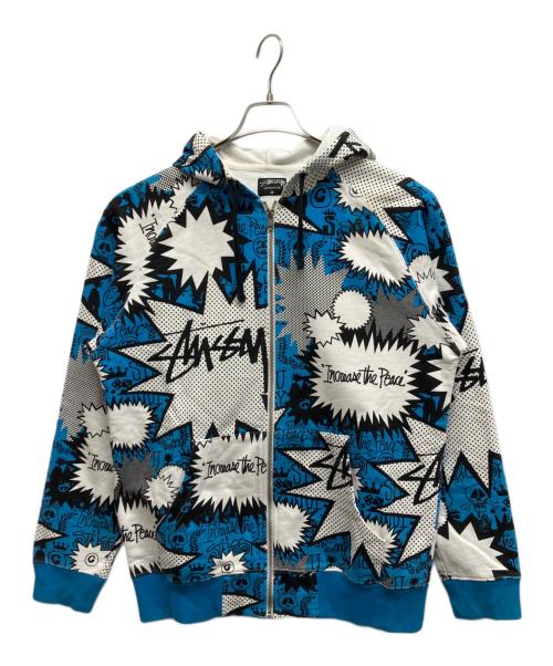 stussy（ステューシー）stussy (ステューシー) 総柄ジップパーカー ブルー×ホワイト サイズ:Mの古着・服飾アイテム