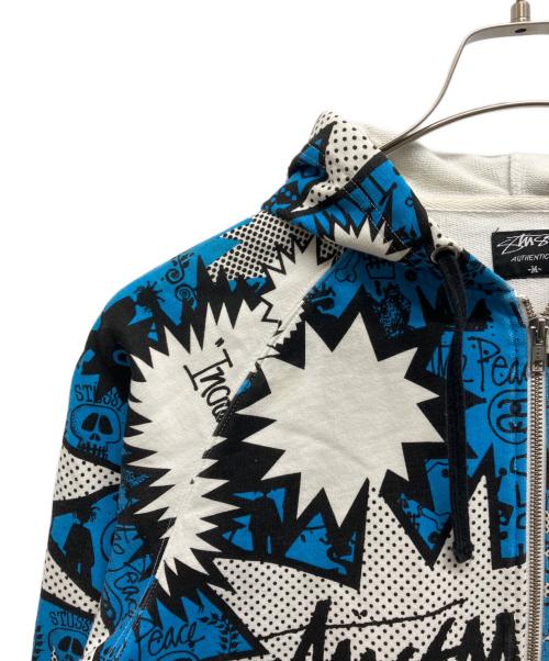 stussy（ステューシー）stussy (ステューシー) 総柄ジップパーカー ブルー×ホワイト サイズ:Mの古着・服飾アイテム