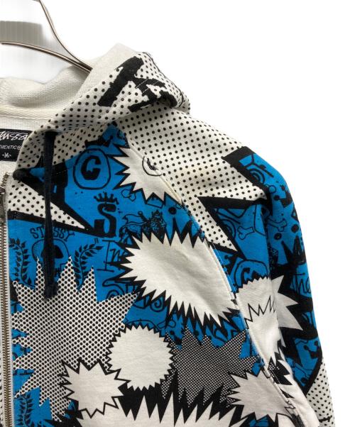 stussy（ステューシー）stussy (ステューシー) 総柄ジップパーカー ブルー×ホワイト サイズ:Mの古着・服飾アイテム