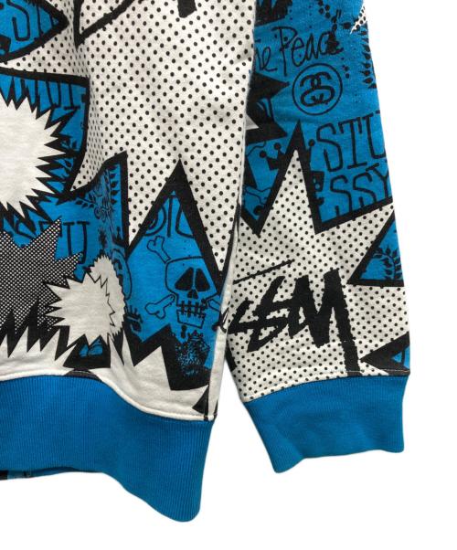 stussy（ステューシー）stussy (ステューシー) 総柄ジップパーカー ブルー×ホワイト サイズ:Mの古着・服飾アイテム