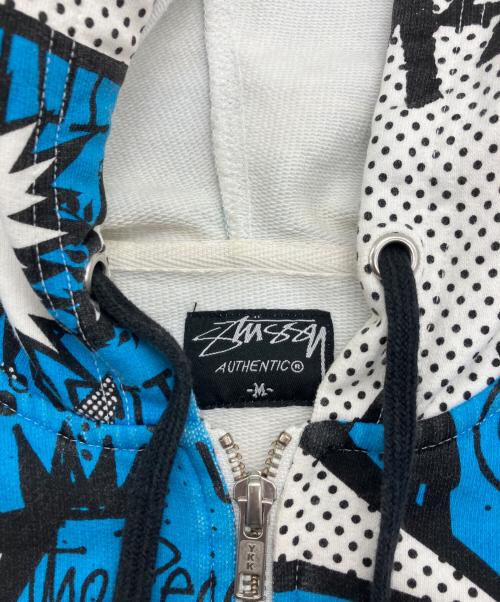 stussy（ステューシー）stussy (ステューシー) 総柄ジップパーカー ブルー×ホワイト サイズ:Mの古着・服飾アイテム