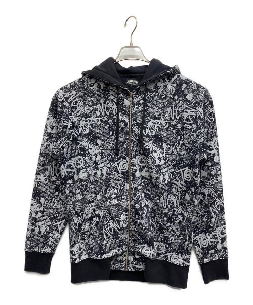 stussy（ステューシー）stussy (ステューシー) 総柄ジップパーカー ブラック サイズ:Mの古着・服飾アイテム