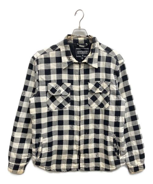 stussy（ステューシー）stussy (ステューシー) チェックジップアップシャツ ホワイト×ブラック サイズ:Lの古着・服飾アイテム
