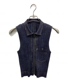 PLEATS PLEASE（プリーツプリーズ）の古着「デニム転写プリーツノースリーブシャツ」｜ネイビー