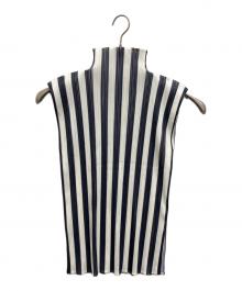 PLEATS PLEASE（プリーツプリーズ）の古着「プリーツストライプハイネックカットソー」｜ホワイト