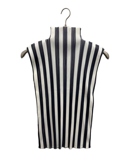 PLEATS PLEASE（プリーツプリーズ）PLEATS PLEASE (プリーツプリーズ) プリーツストライプハイネックカットソー ホワイト サイズ:Freeの古着・服飾アイテム