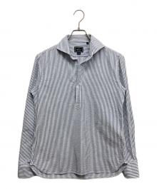 ORIAN vintage（オリアンヴィンテージ）の古着「ストライプ コットンシアサッカー カプリシャツ」｜ホワイト×ネイビー