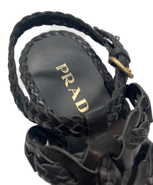 PRADA（プラダ）PRADA (プラダ) 編み込みレザーウェッジソールサンダル ブラック サイズ:35の古着・服飾アイテム