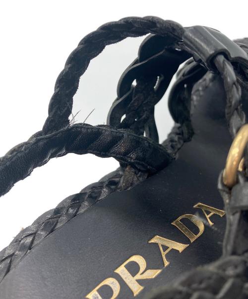 PRADA（プラダ）PRADA (プラダ) 編み込みレザーウェッジソールサンダル ブラック サイズ:35の古着・服飾アイテム