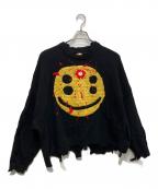 SAINT MICHAELセントマイケル）の古着「CP CREW KNITSMILEダメージ加工ニット」｜ブラック