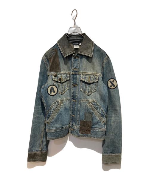 ARMANI EXCHANGE（アルマーニ エクスチェンジ）ARMANI EXCHANGE (アルマーニ エクスチェンジ) 襟レザーロゴパッチデニムジャケット インディゴ サイズ:Sの古着・服飾アイテム