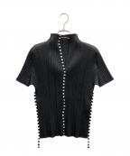 PLEATS PLEASEプリーツプリーズ）の古着「Vネックプリーツボーダーテープデザインカットソー」｜ブラック
