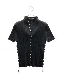 PLEATS PLEASE（プリーツプリーズ）の古着「Vネックプリーツボーダーテープデザインカットソー」｜ブラック
