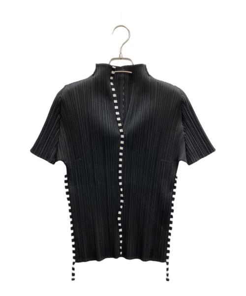 PLEATS PLEASE（プリーツプリーズ）PLEATS PLEASE (プリーツプリーズ) Vネックプリーツボーダーテープデザインカットソー ブラック サイズ:3の古着・服飾アイテム