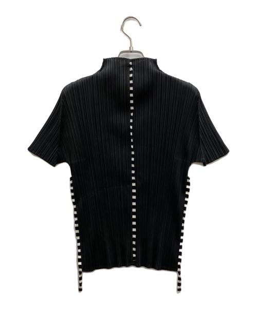 PLEATS PLEASE（プリーツプリーズ）PLEATS PLEASE (プリーツプリーズ) Vネックプリーツボーダーテープデザインカットソー ブラック サイズ:3の古着・服飾アイテム