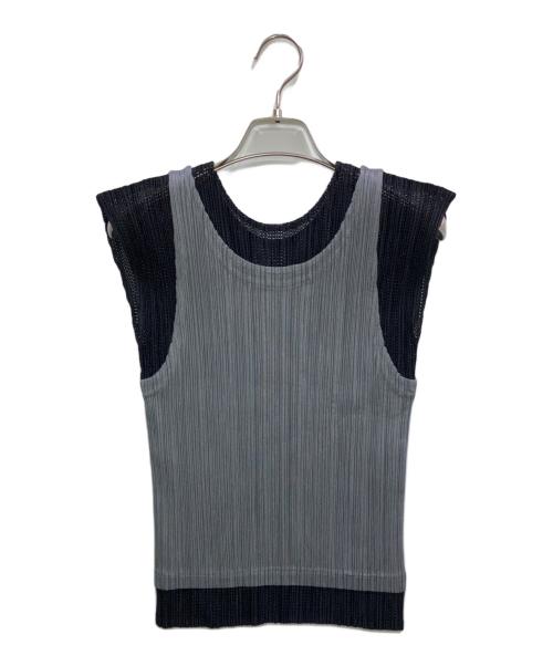PLEATS PLEASE（プリーツプリーズ）PLEATS PLEASE (プリーツプリーズ) バイカラーノースリーブプリーツトップス グレー サイズ:3の古着・服飾アイテム