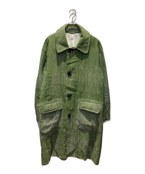PERIOD FEATURES（ピリオドフューチャーズ）PERIOD FEATURES (ピリオドフューチャーズ) Block Print Soutien Collar Coat GREEN STRIPE サイズ:3の古着・服飾アイテム