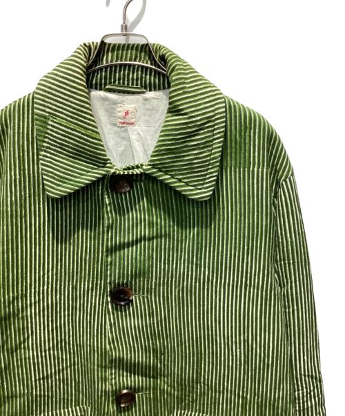 PERIOD FEATURES（ピリオドフューチャーズ）PERIOD FEATURES (ピリオドフューチャーズ) Block Print Soutien Collar Coat GREEN STRIPE サイズ:3の古着・服飾アイテム