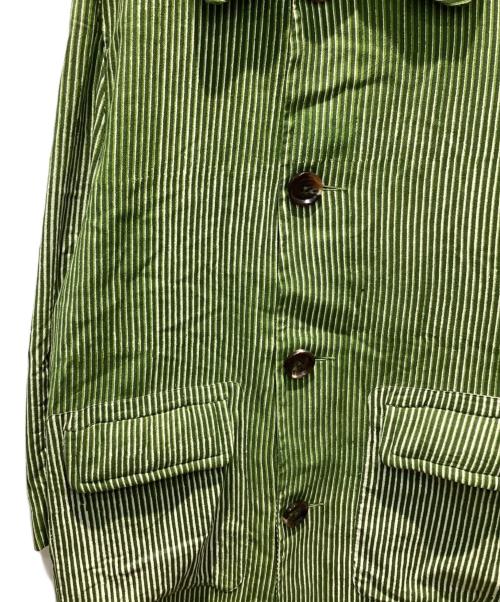 PERIOD FEATURES（ピリオドフューチャーズ）PERIOD FEATURES (ピリオドフューチャーズ) Block Print Soutien Collar Coat GREEN STRIPE サイズ:3の古着・服飾アイテム
