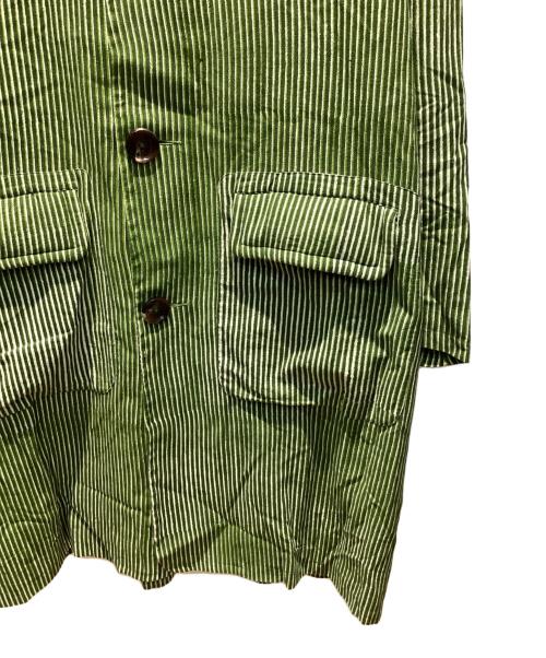 PERIOD FEATURES（ピリオドフューチャーズ）PERIOD FEATURES (ピリオドフューチャーズ) Block Print Soutien Collar Coat GREEN STRIPE サイズ:3の古着・服飾アイテム