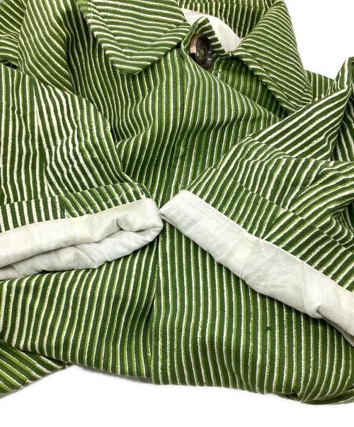 PERIOD FEATURES（ピリオドフューチャーズ）PERIOD FEATURES (ピリオドフューチャーズ) Block Print Soutien Collar Coat GREEN STRIPE サイズ:3の古着・服飾アイテム