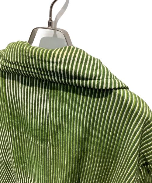 PERIOD FEATURES（ピリオドフューチャーズ）PERIOD FEATURES (ピリオドフューチャーズ) Block Print Soutien Collar Coat GREEN STRIPE サイズ:3の古着・服飾アイテム