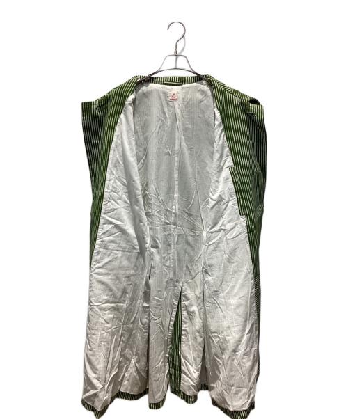 PERIOD FEATURES（ピリオドフューチャーズ）PERIOD FEATURES (ピリオドフューチャーズ) Block Print Soutien Collar Coat GREEN STRIPE サイズ:3の古着・服飾アイテム
