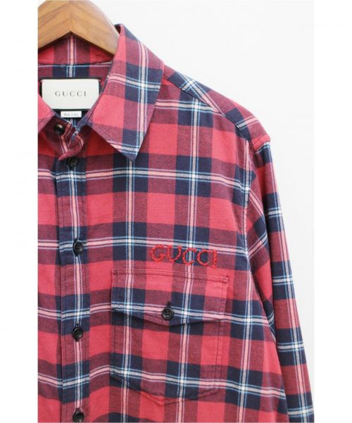 GUCCI（グッチ）GUCCI (グッチ) パラマウント刺繍オーバーサイズチェックシャツ レッド サイズ:46の古着・服飾アイテム