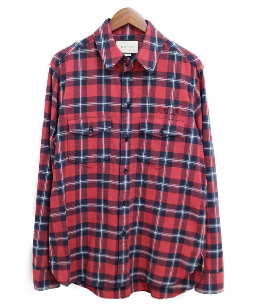 GUCCI（グッチ）GUCCI (グッチ) パラマウント刺繍オーバーサイズチェックシャツ レッド サイズ:46の古着・服飾アイテム