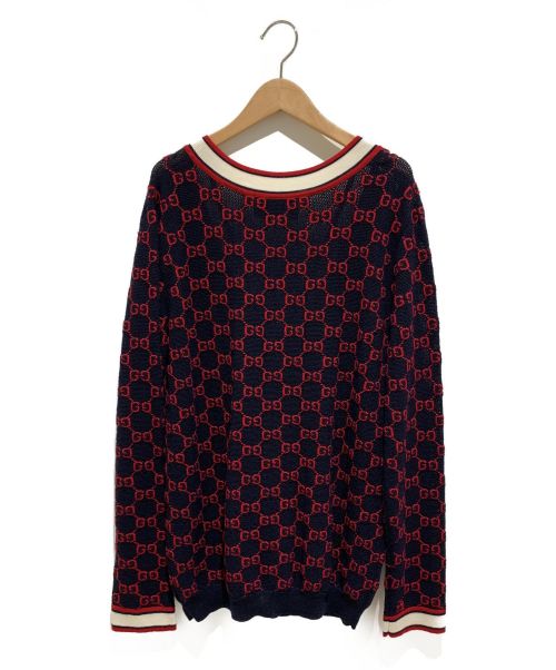GUCCI（グッチ）GUCCI (グッチ) ジャガードカーディガン ネイビー サイズ:Mの古着・服飾アイテム