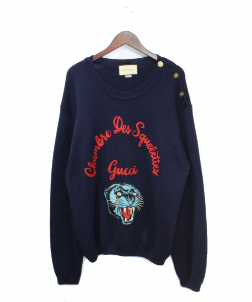 GUCCI（グッチ）GUCCI (グッチ) パンサーワッペンニット ネイビー サイズ:Lの古着・服飾アイテム