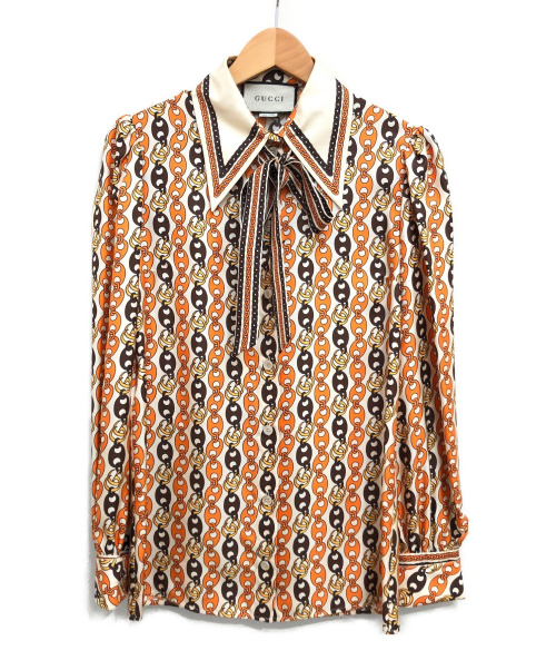 GUCCI（グッチ）GUCCI (グッチ) 20SS チェーン柄シルクブラウス ベージュ サイズ:38の古着・服飾アイテム