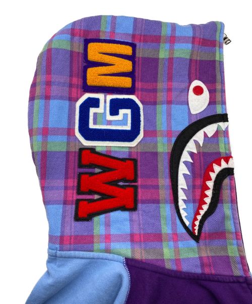 A BATHING APE（アベイシングエイプ）A BATHING APE (アベイシングエイプ) CHECK SHARK RELAXED ZIP HOODIE パープル サイズ:XLの古着・服飾アイテム