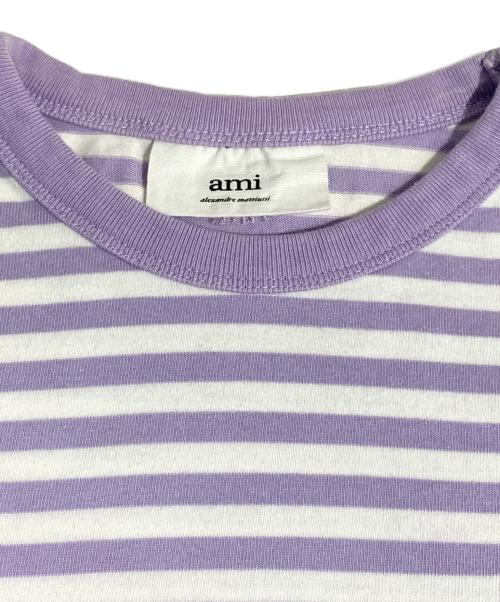 AMIPARIS（アミパリス）AMIPARIS (アミパリス) ハートロゴ ストライプ ロンT ホワイト×パープル サイズ:XSの古着・服飾アイテム